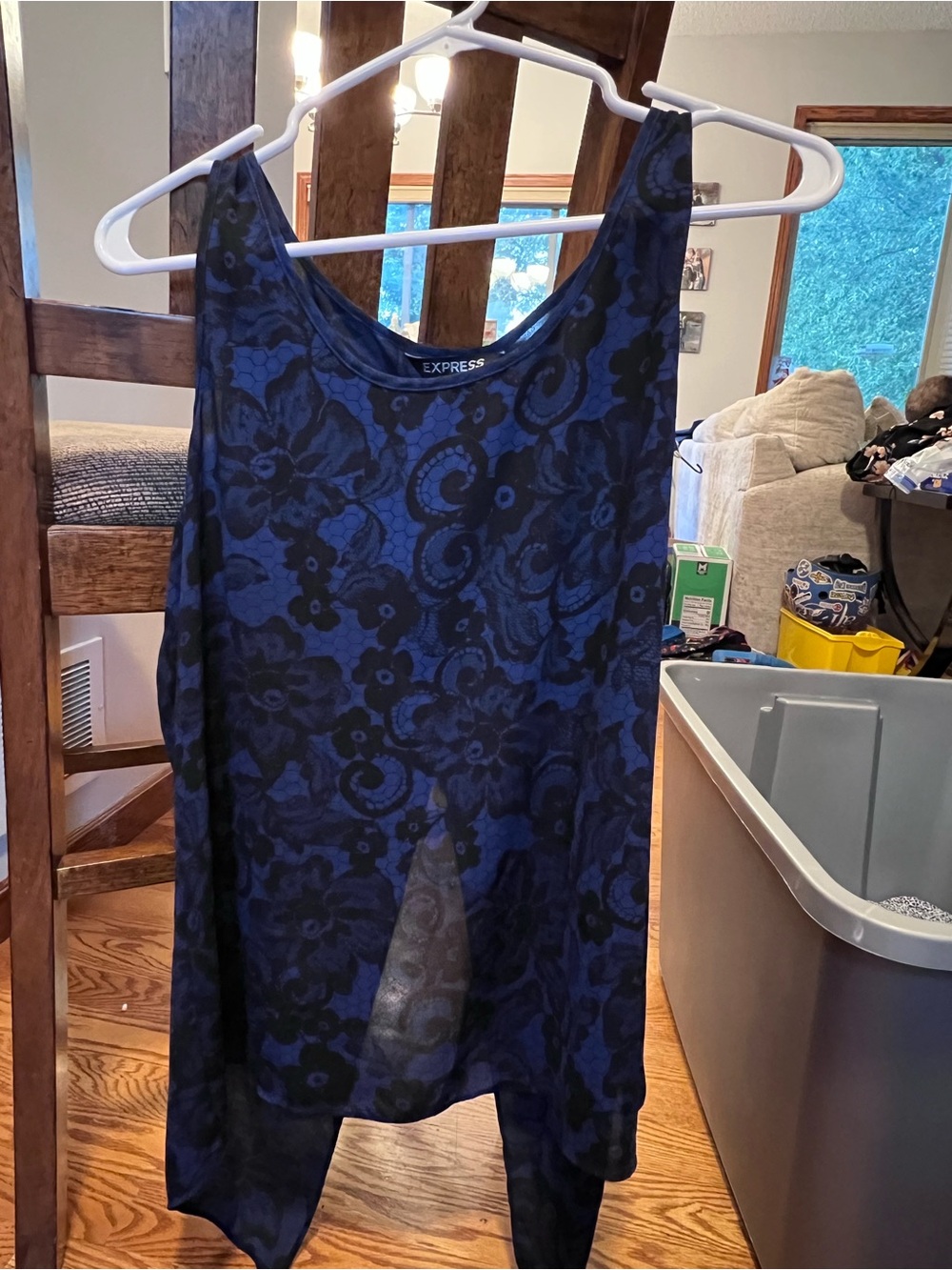 Express Navy Blue and Black Floral Sheer Camisole